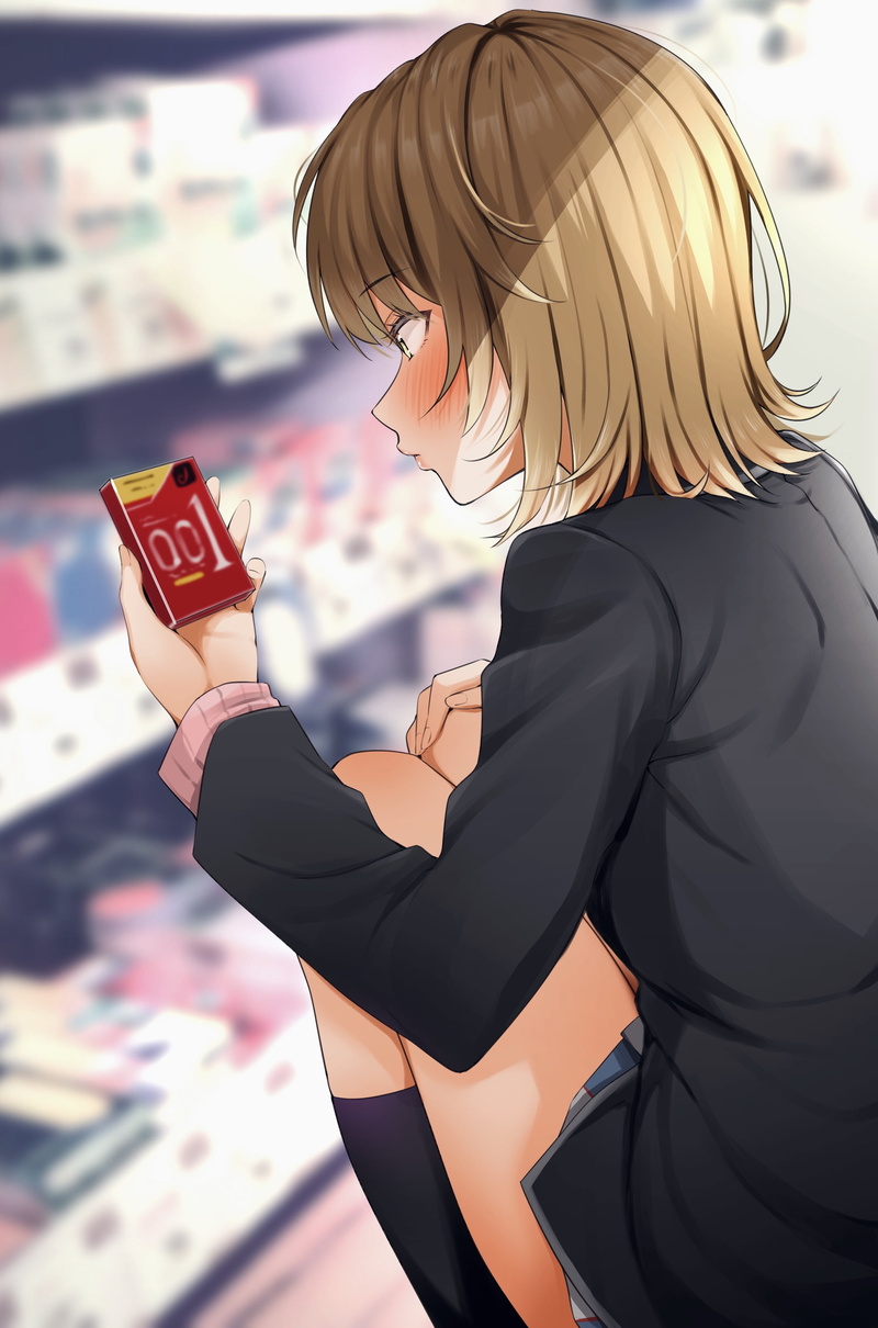 pink lipstick, brown eyes, condom, brunette, Isshiki Iroha, Yahari Ore no Seishun Love Comedy wa Machigatteiru, depth of field, 2D, embarrassed, thighs
