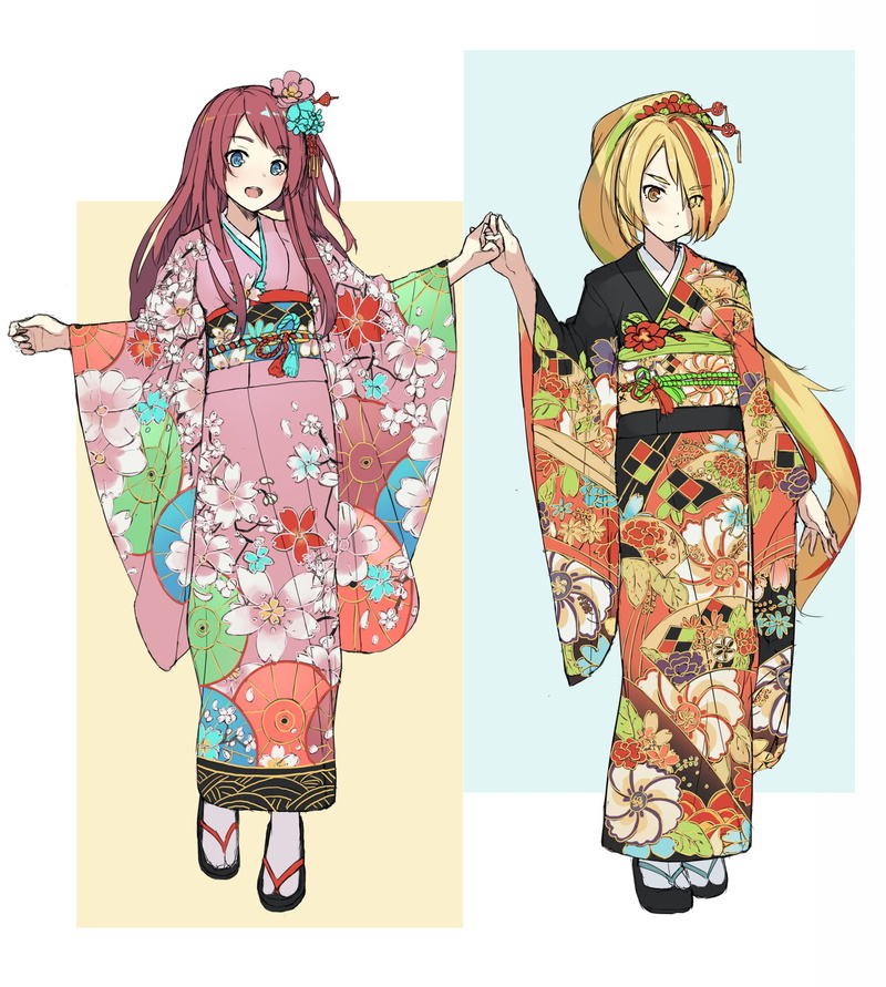Zombie 6 / Lily Hoshikawa, anime girls, Japanese clothes, ponytail, blue eyes, Zombie 1 / Sakura Minamoto, long hair, Zombieland Saga, ribbon, redhead