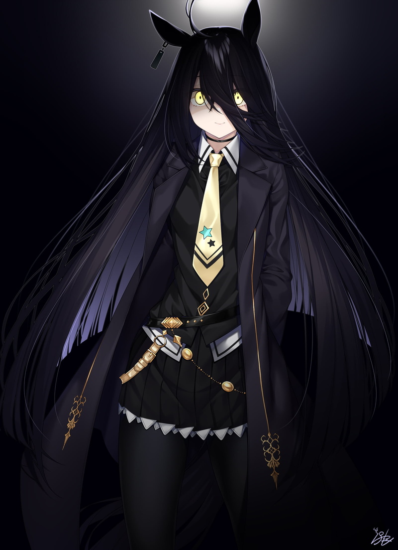 black clothing, 2D, school uniform, standing, thighs, tail, earring, smile, gradient, bangs, ahoge, Uma Musume Pretty Derby, Watosu, fan art, vertical