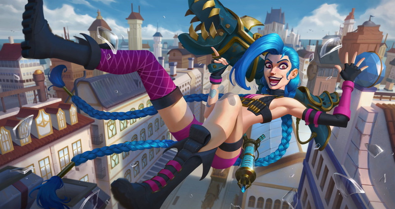 illustration, video games girls, red eyes, fan art, digital art, video game characters, Jinx (League of Legends), artwork, grenade launchers, blue hair