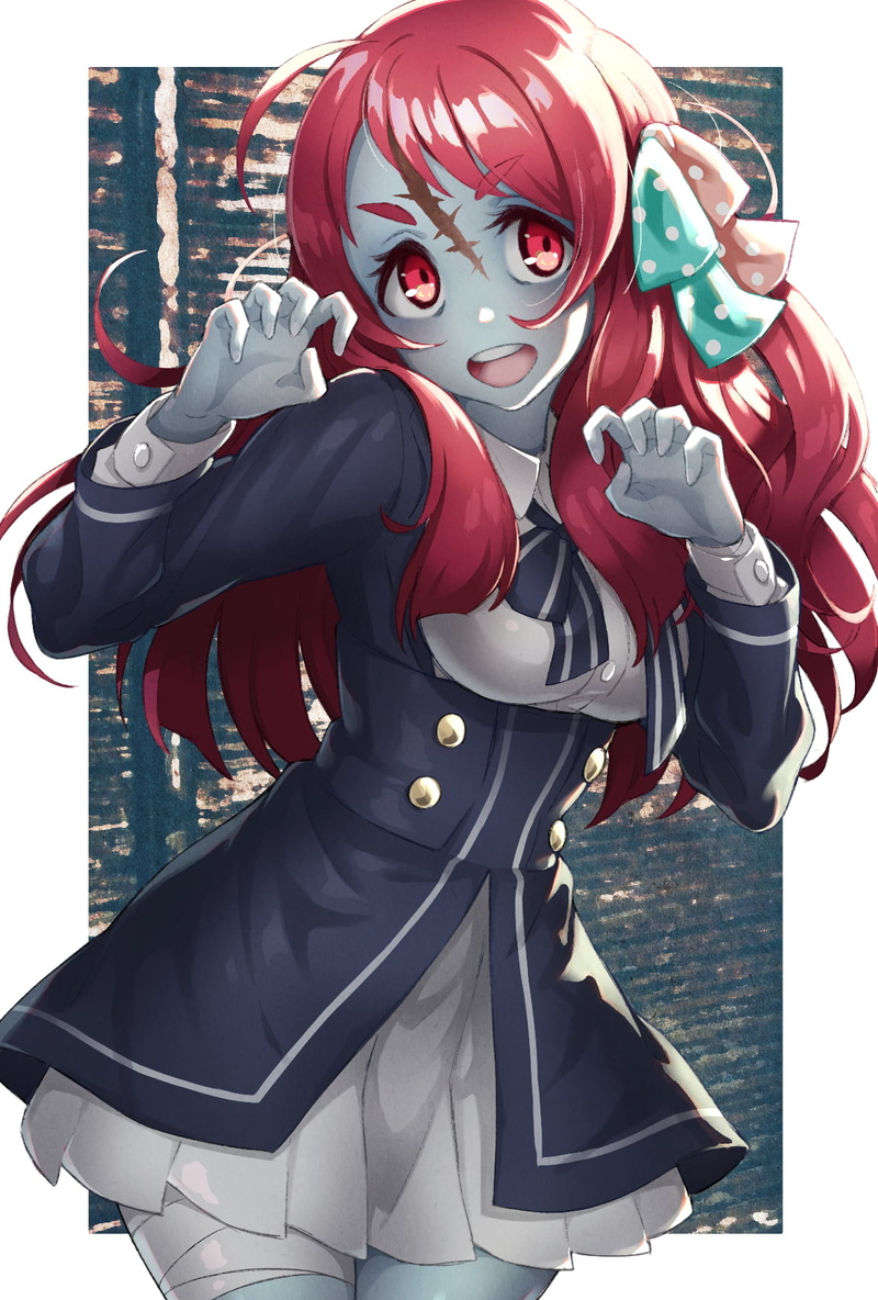 2D, school uniform, 720P, red eyes, long hair, digital art, scars, vertical, Zombieland Saga, fan art, Zombie 1 / Sakura Minamoto, anime girls