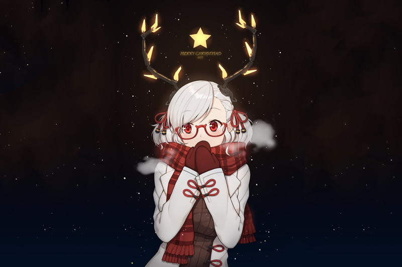 white hair, representation, holiday, night, standing, Christmas, decoration, dark, one person, short hair, front view, illuminated, art and craft, cold