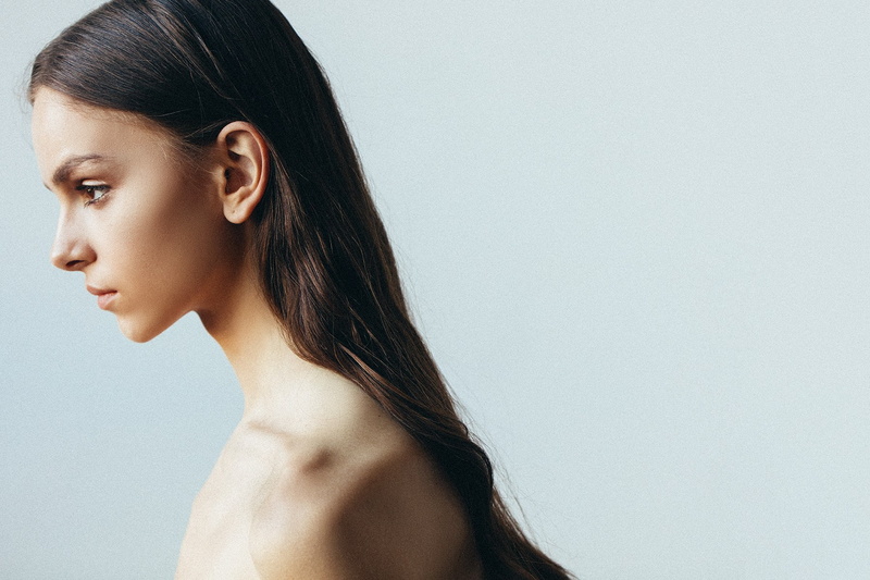 bare shoulders, long hair, 720P, face, profile, simple background, model, women, Aleksey Trifonov, portrait