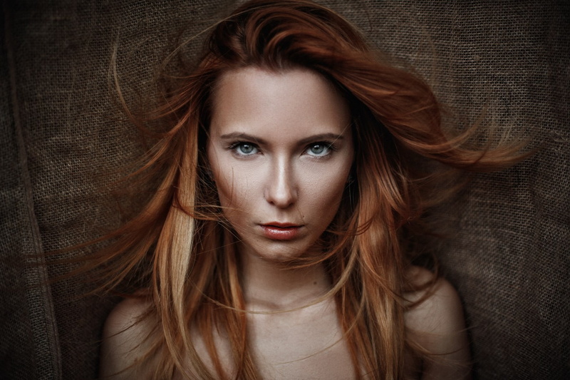 one person, lip piercing scar, women, beautiful woman, face, brown hair, Stefania Valentinovna Iodkovskaya, adult, young adult, long hair, front view, portrait