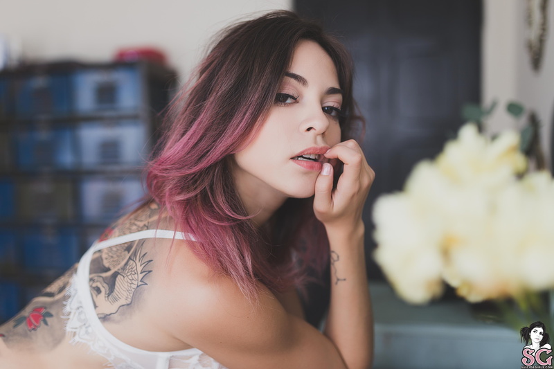 hair, focus on foreground, Dressing table, beautiful woman, one person, white lingerie, women, portrait, 5K, young women, headshot, room, tattoo, real people