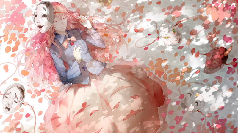 mask, 1080P, wet body, wet clothing, closed eyes, wet hair, anime, anime girls, long hair, Touhou, pink hair, Hata no Kokoro, cherry blossom