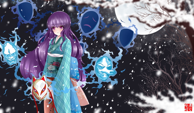 purple, snow, touhou, clothes, night, hair, 720P, tree, kokoro, moon, hata, japanese, dawn, dusk, kimono, mask, eyes