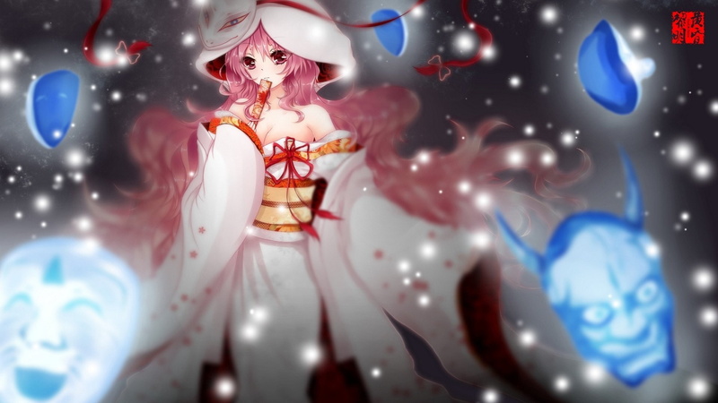 Mask, Touhou, Short Hair, Red Eyes, Hata no Kokoro, 1080P, Japanese Clothes, Ribbon, Anime, Pink Hair