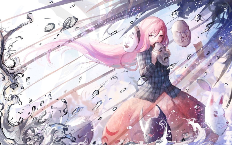 Anime, 1080P, Pink Eyes, Long Hair, Blush, Girl, Water, Hata no Kokoro, Pink Hair, Mask, Touhou