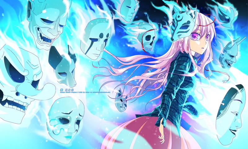 eyes, ribbons, kokoro, long, purple, 720P, hair, hata, blue, mask, touhou, shirt