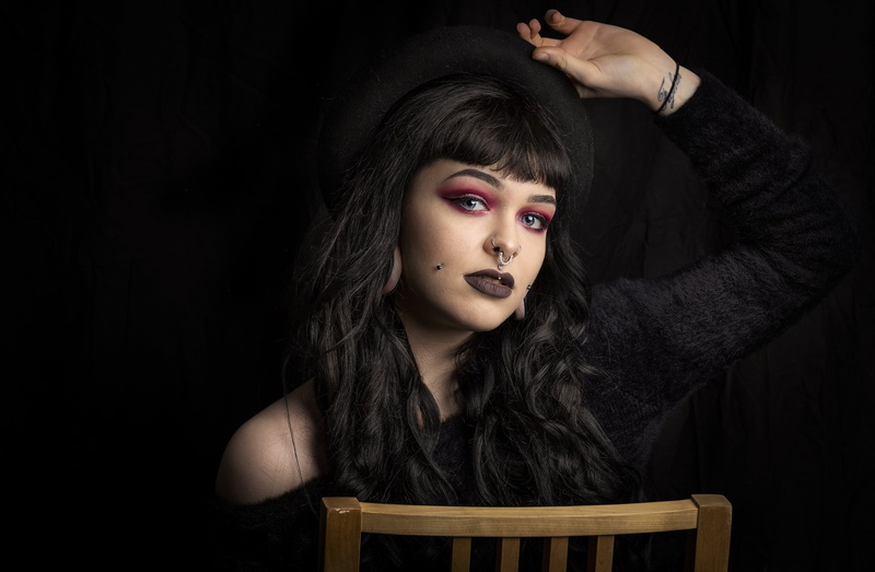 brunette, makeup, face, simple background, model, women, dark hair, piercing, tattoo, pierced cheeks, Stretched ears, nose ring, portrait, 2K, pierced