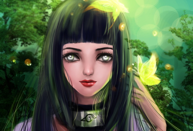 portrait, one person, adult, digital composite, byakugan., young women, front view, women, beauty, Hinata, butterfly, make-up, looking at camera, Naruto