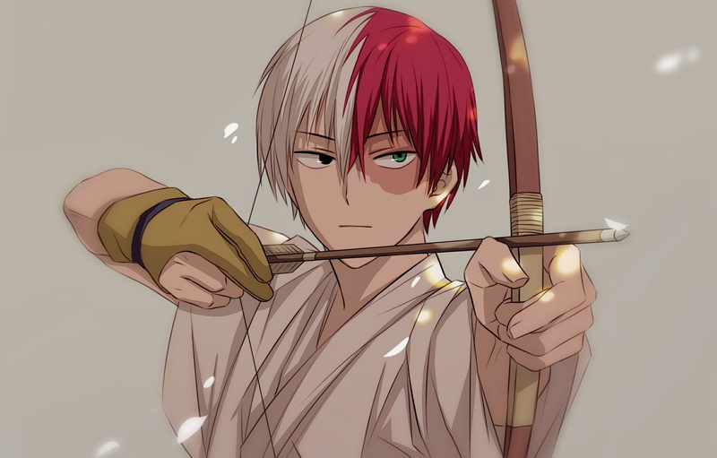gray background, waist up, boku no hero academia, todoroki shouto, studio shot, front view, colored background, art and craft, gray, bow, cut out, indoors