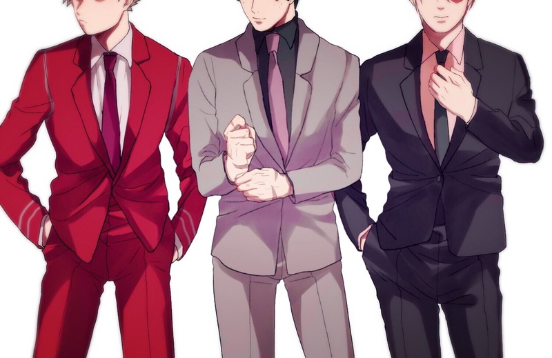 well-dressed, Anime, men, coworker, businessman, young adult, suit, front view, white background, three quarter length, My Hero Academia, standing, indoors