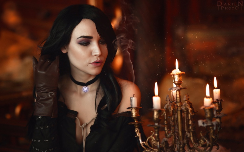 Collar, Yennefer of Vengerberg, Women, 1080P, Long Hair, Cosplay, Candle, Smoke, Black Hair, Glove, The Witcher 3: Wild Hunt