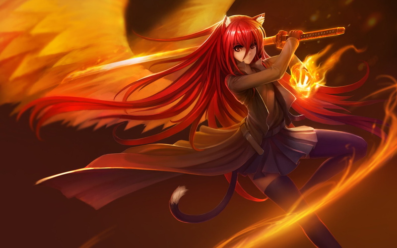 dyed red hair, Sword, Girl, motion, Shana (Shakugan No Shana), Weapon, hairstyle, Tail, clothing, redhead, Katana, event, Coat, Red Eyes, fantasy, women
