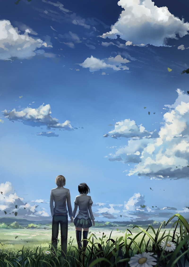 nature, outdoors, sky, Katawa Shoujo, rear view, 1080P, daughter, positive emotion, boys, males, family, love, two people, togetherness, women, girls
