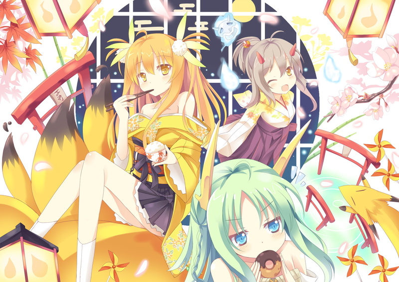 wink, shizuka, nibiiro, flowers, original, foxgirl, japanese, 720P, food, girls, clothes