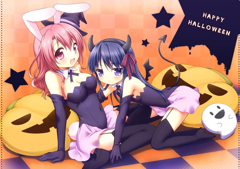 purple, hat, ears, cleavage, 720P, girls, halloween, eyes, original, pink, hair, tail, bunnygirl, blue, wings, horns, mani, thighhighs, animal, bunny