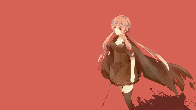 hairstyle, anime girls, standing, adult, 720P, obscured face, colored background, lifestyles, simple background, holding, red, anime, indoors, Gasai Yuno