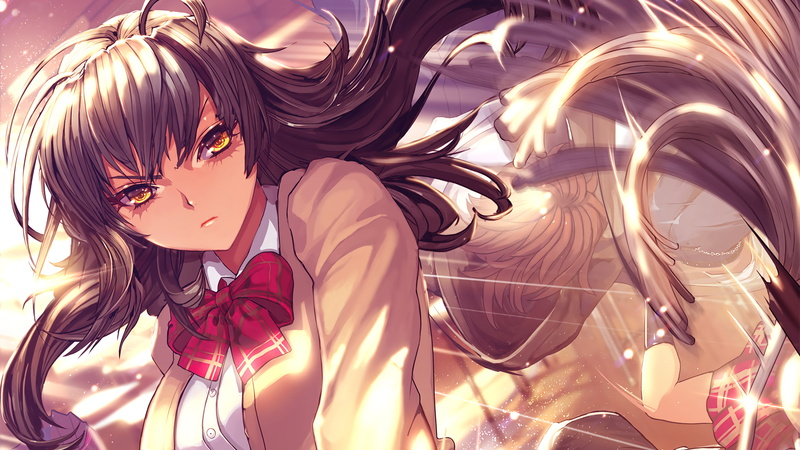 school uniform, anime, 2K, anime girls, Furyou Michi ~Gang Road~, ribbon, artwork, brunette, yellow eyes