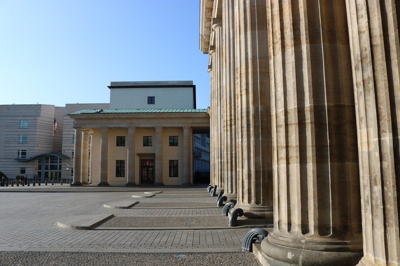 built structure, embassy, architecture, window, street, clear sky, the past, american, city, brandenburg, history, capital, outdoors, architectural Column