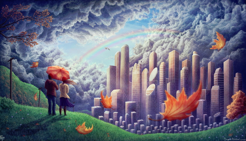 guy, hill, rise, girl, clouds, the city, high, pair, foliage, birds, artwork, art, painting, the wind, building, couple, 2K, rainbow, watching