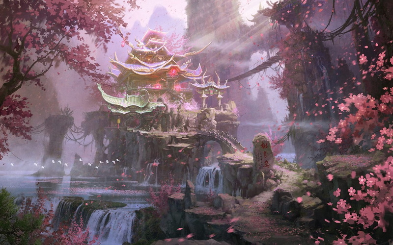 decoration, castle, buddhism, Asia, woodland, green Color, place of worship, land, backgrounds, fantasy, gray, leaf, sunbeam, water, belief, growth, architecture