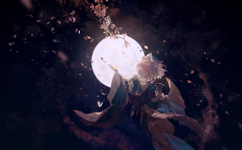 anime girls, butterfly, 2K, kimono, sakura (tree), pink hair, dark background, Touhou, anime, petals, Moon, short hair