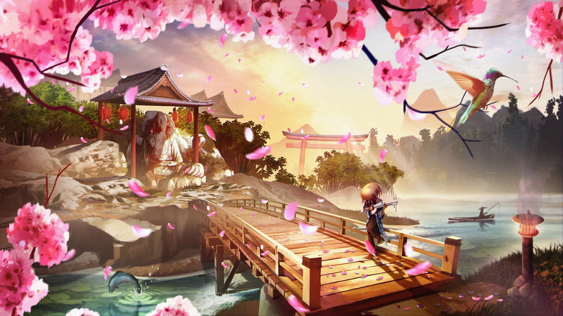 anime, musical instrument, landscape, 1080P, sakura (tree), Andy Jaramillo