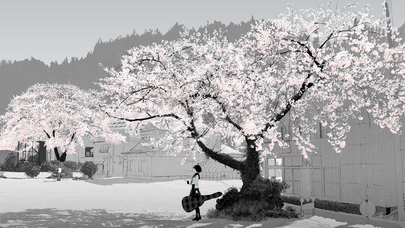 day, nature, Guitar, Black Hair, Tree, fragility, School Uniform, cherry blossom, Short Hair, winter, architecture, flowering plant, one person, outdoors