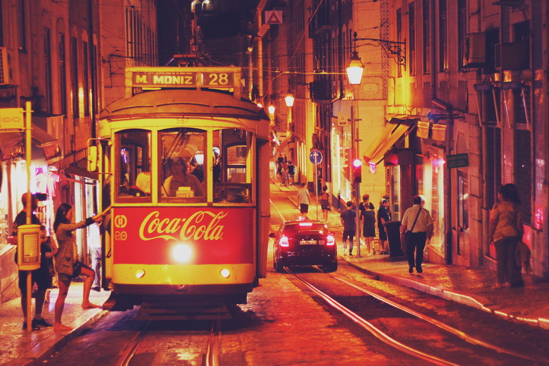 portugal, cable car, street, men, city, nighttime, cola, summer, summer night, building exterior, railroad track, 4K, built structure, architecture, adult