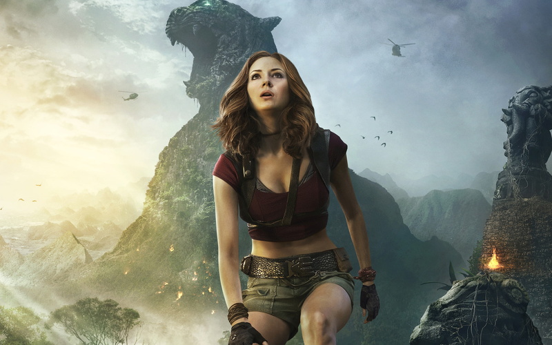 Jumanji: the jungle, helicopters, beauty, Jumanji: Welcome to the Jungle, fire, 2K, Karen Gillan, the sky, gloves, jungle, mountains, birds, brown hair