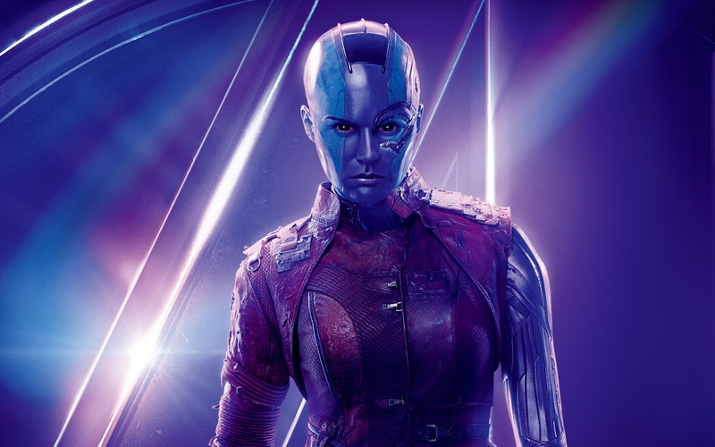 Avengers, cyborg, Karen, illuminated, waist up, laser, glowing, aggression, night, front view, indoors, lighting equipment, attitude, robot, Gillan, Nebula