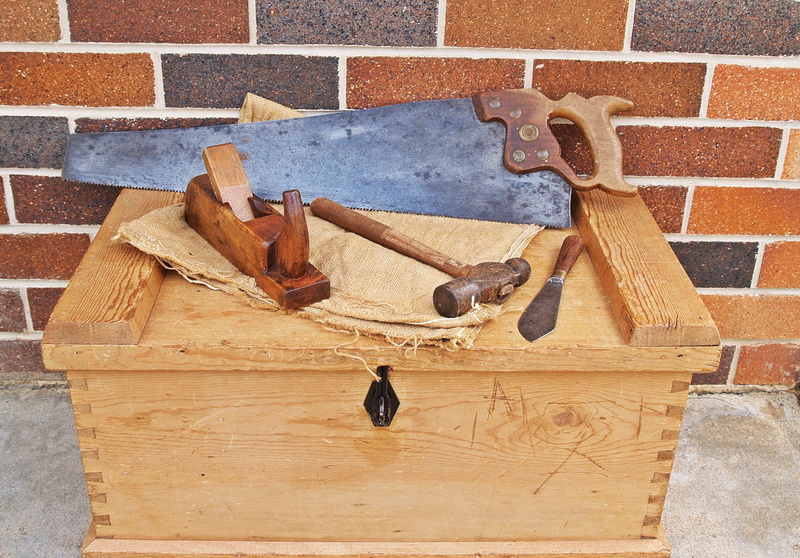 wooden box, chest, tools, wood - material, latch, high angle view, timber, carpenters toolbox, kit, hanging, box, built structure, hand plane, brown, still life