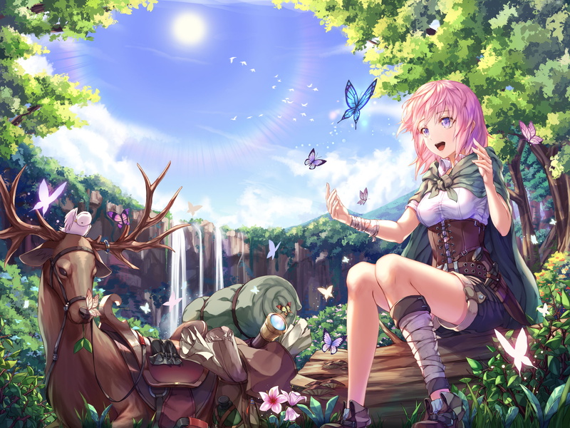 Butterfly, Blue Eyes, Dagger, Original, Pink Hair, Anime, Bird, Deer, Waterfall, 4K, Short Hair, Smile, Cloak, Flower
