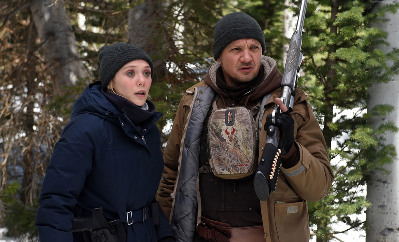 heterosexual couple, plant, day, outdoors, knit hat, young men, Wind River, standing, togetherness, Jeremy Renner, clothing, tree, scarf, young adult, looking at camera