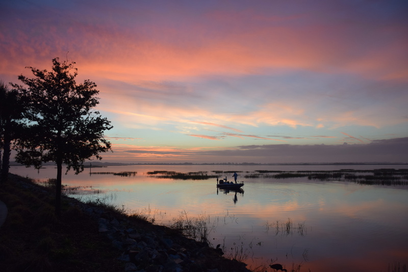 beauty in nature, idyllic, fishing, silhouette, kissimmee, reflection, nautical vessel, water, lake toho, tranquil scene, florida, bass, lake, no people