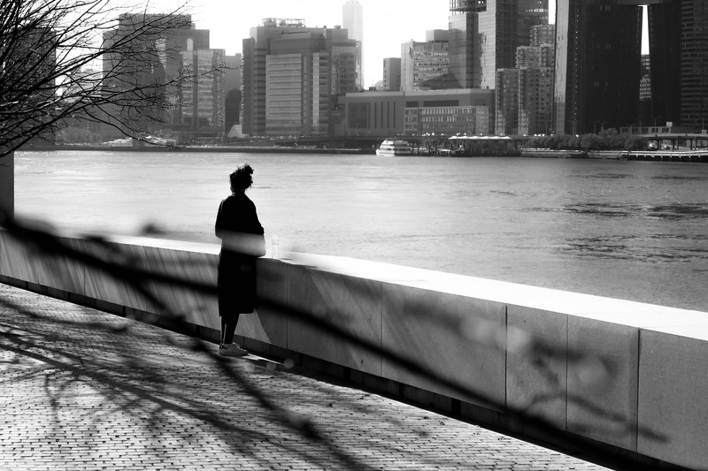 ny, waterfront, day, building exterior, skyline, lifestyles, railing, silhouette, new york, gazing, motion, built structure, men, one person, architecture
