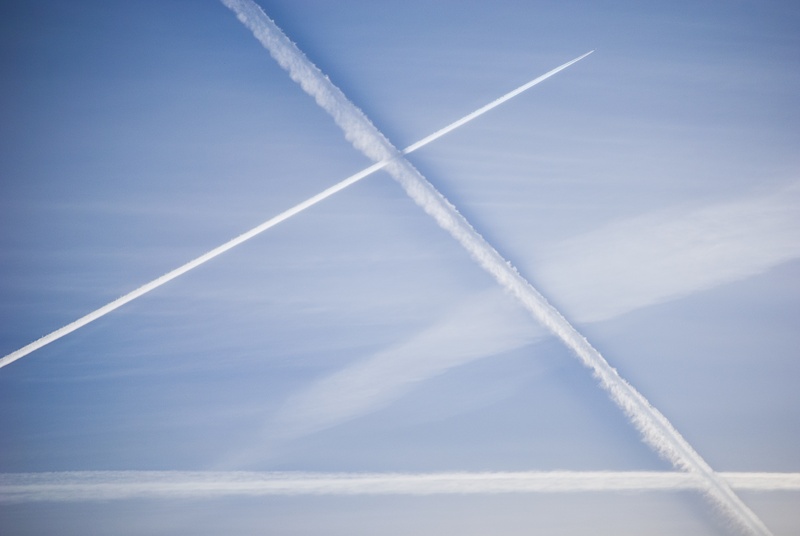 air, motion, contrails, condensation trails, vapor, cloud - sky, geometry, mode of transportation, aircraft, air vehicle, day, jet, low angle view, condensation