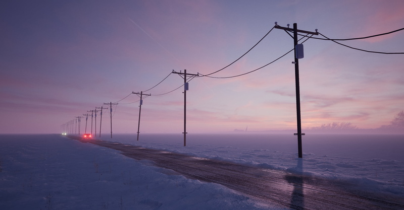 car, artwork, night, road, sky, mist, landscape, Headlights, 1080P, snow covered, snow, power lines, chemtrails, nature