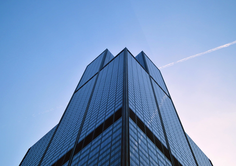sky, blue, steel, modern, perspective, tall, city, windows, photography, low angle view, building exterior, chemtrails, futuristic, business, architecture