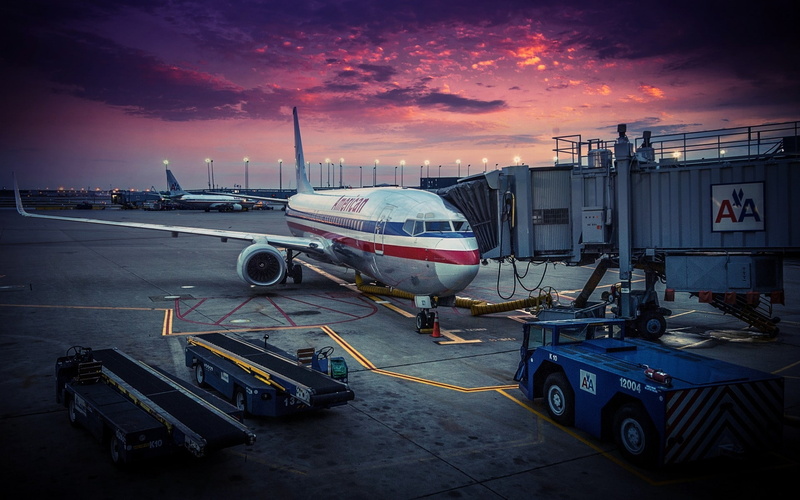 blue, plane, landscape, american, sunset, white, airplane, landed, 1080P, airlines, red