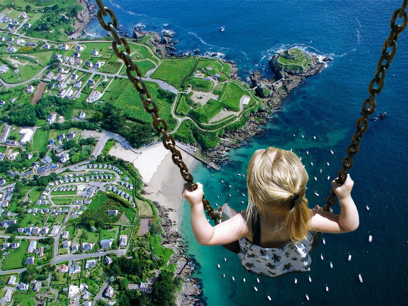 houses, island, little, 1920x1440, swing, green, child girl, 1080P, surreal, girl