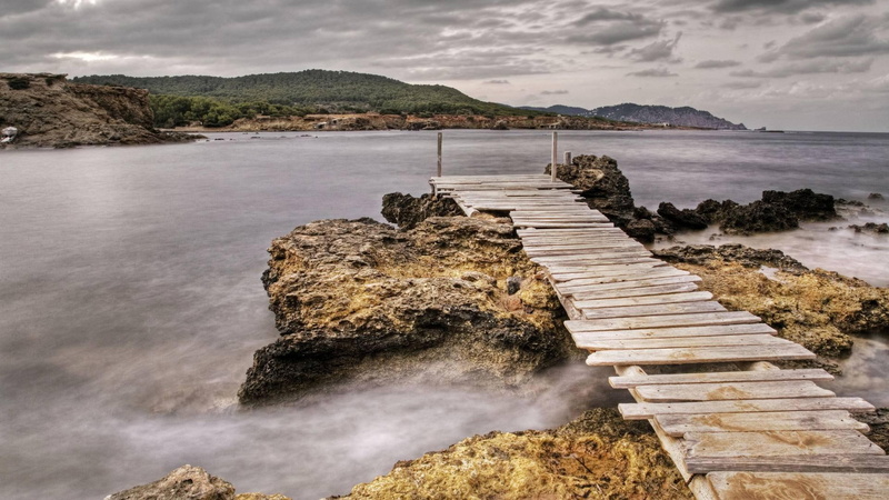 spain, shore, sant, nature and landscapes, carles, mountains, dock, clouds, ibiza, 1080P