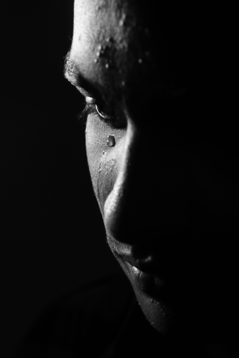 body part, love, profile view, headshot, serious, portrait, happy, indoors, lifestyles, dark, soul, human body part, black background, enjoy, close-up
