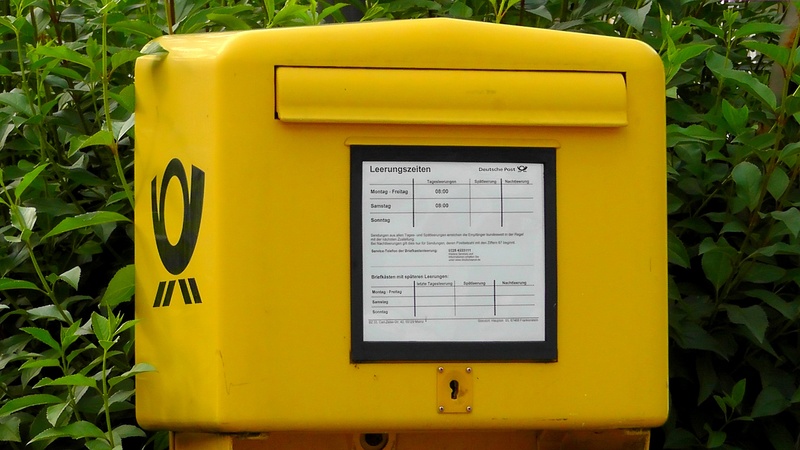 post horn, post, mailbox, letter boxes, yellow, public mailbox, connection, steel, old, case, plant part, outdoors, plant, service, communication, sign