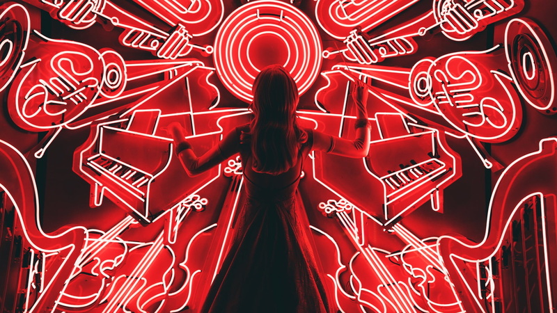 pattern, text, maestro, magic, hairstyle, classic music, leisure activity, 1080P, design, indoors, illuminated, red, art and craft, one person, three quarter length