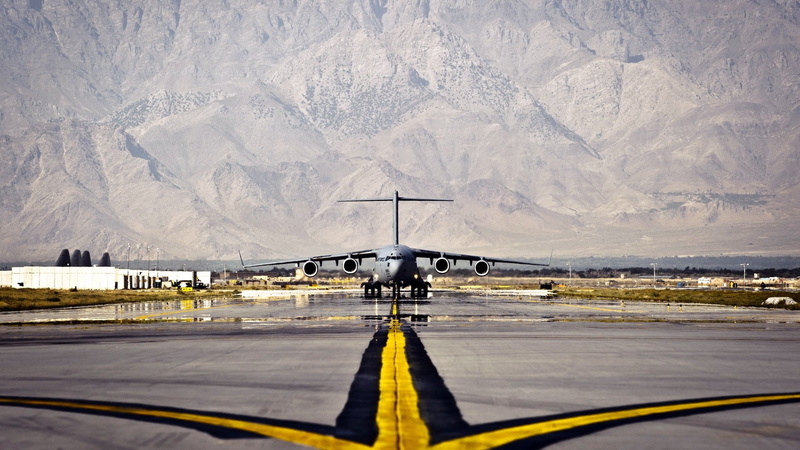 transportation, river, way, speed, horizon, plane, mountains, air vehicle, tree, airport, landscape, water, scenic, trees, mode of transportation, no people