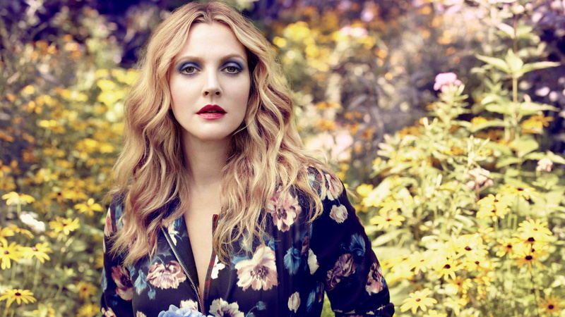 sleeved, flowers, floral, woman, Drew Barrymore, print, model, long, teal, blonde, actress, wearing, dress, photography, beige, shirt, 5K, blue, Most Popular